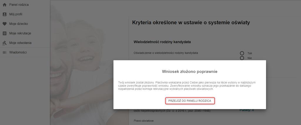 Następnie należy uzupełnić kryteria określone w ustawie Prawo oświatowej, kryteria określone na mocy prawa lokalnego, dodatkowe informacje dotyczące dziecka, informacje o klasie integracyjnej oraz