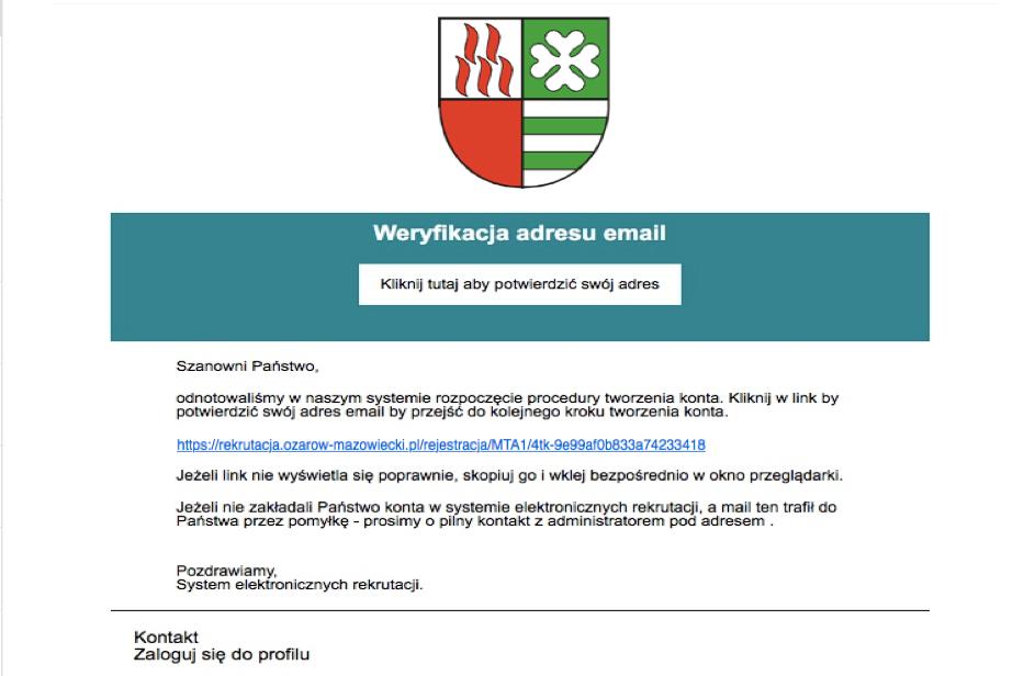 Poniżesz treść mail z linkiem weryfikacyjnym na który należy kliknąć aby