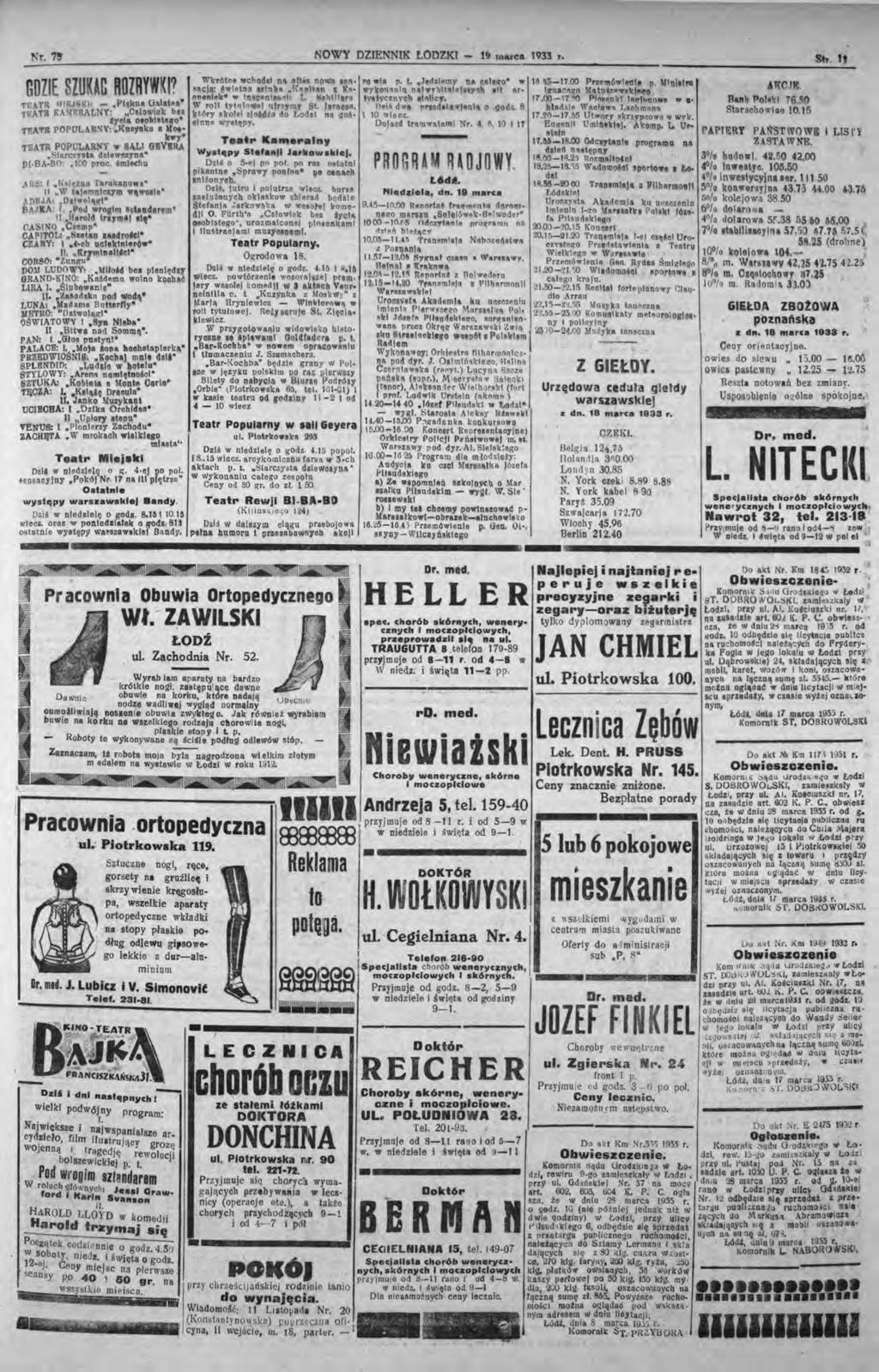 Nr. 78 NOWY DZENNK todzk - t!ł tolu'ca 1933 t. St.. 11 GDZE UKAC ROZRYW K? TEATR MilU Kil _,P,ku O.latoa TP.ATR KA.RRALNY:.,CaOWlek bu tyola o.o"".~o T1!ATB POPO. ttsy:.