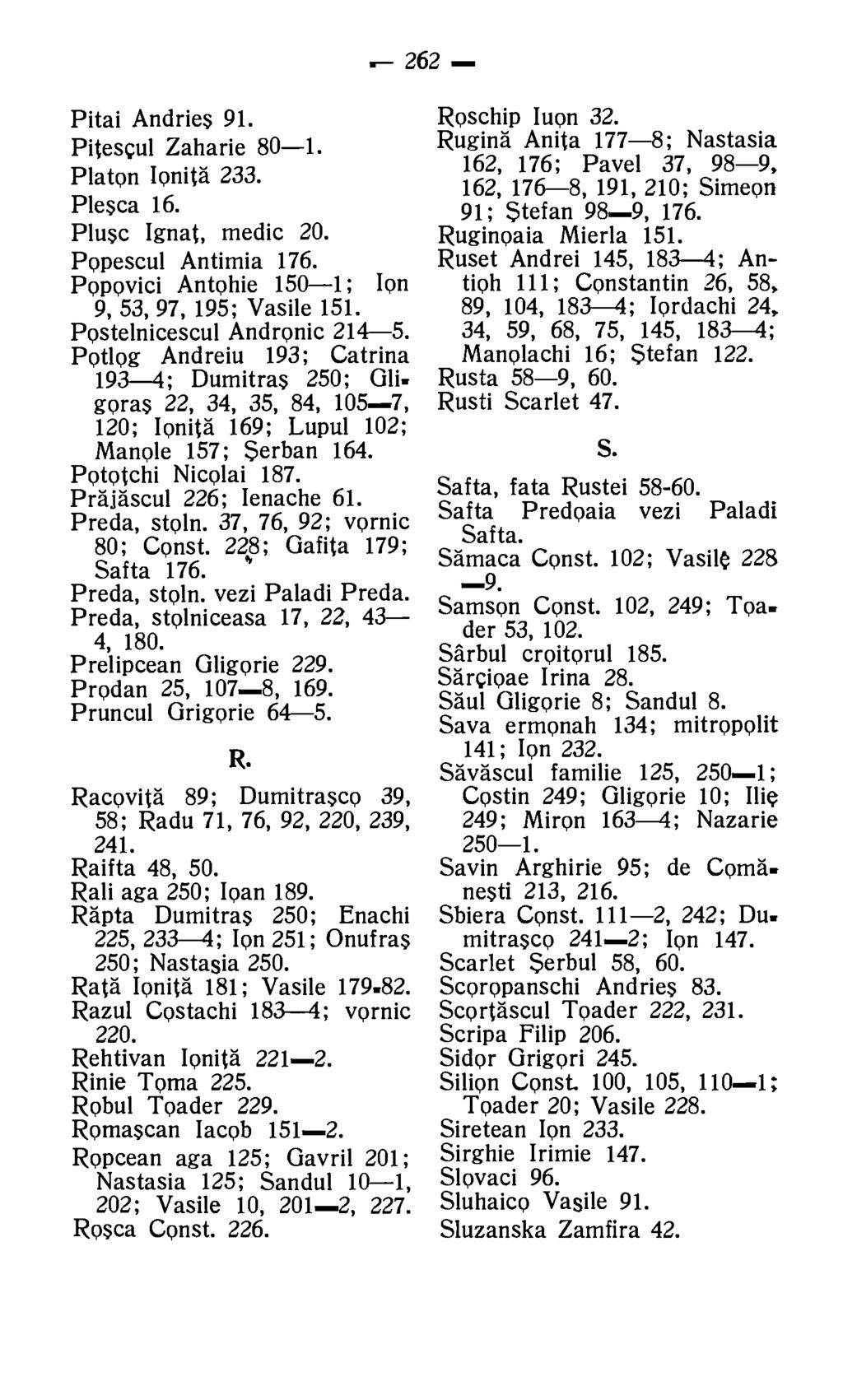 262 Pitai Andries 91. Pitescul Zaharie 80-1. Platon Ionita 233. Plesca 16. Plusc Ignat, medic 20. Popescul Antimia 176. Popovici Antohie 150-1; Ion 9, 53, 97, 195; Vasile 151.