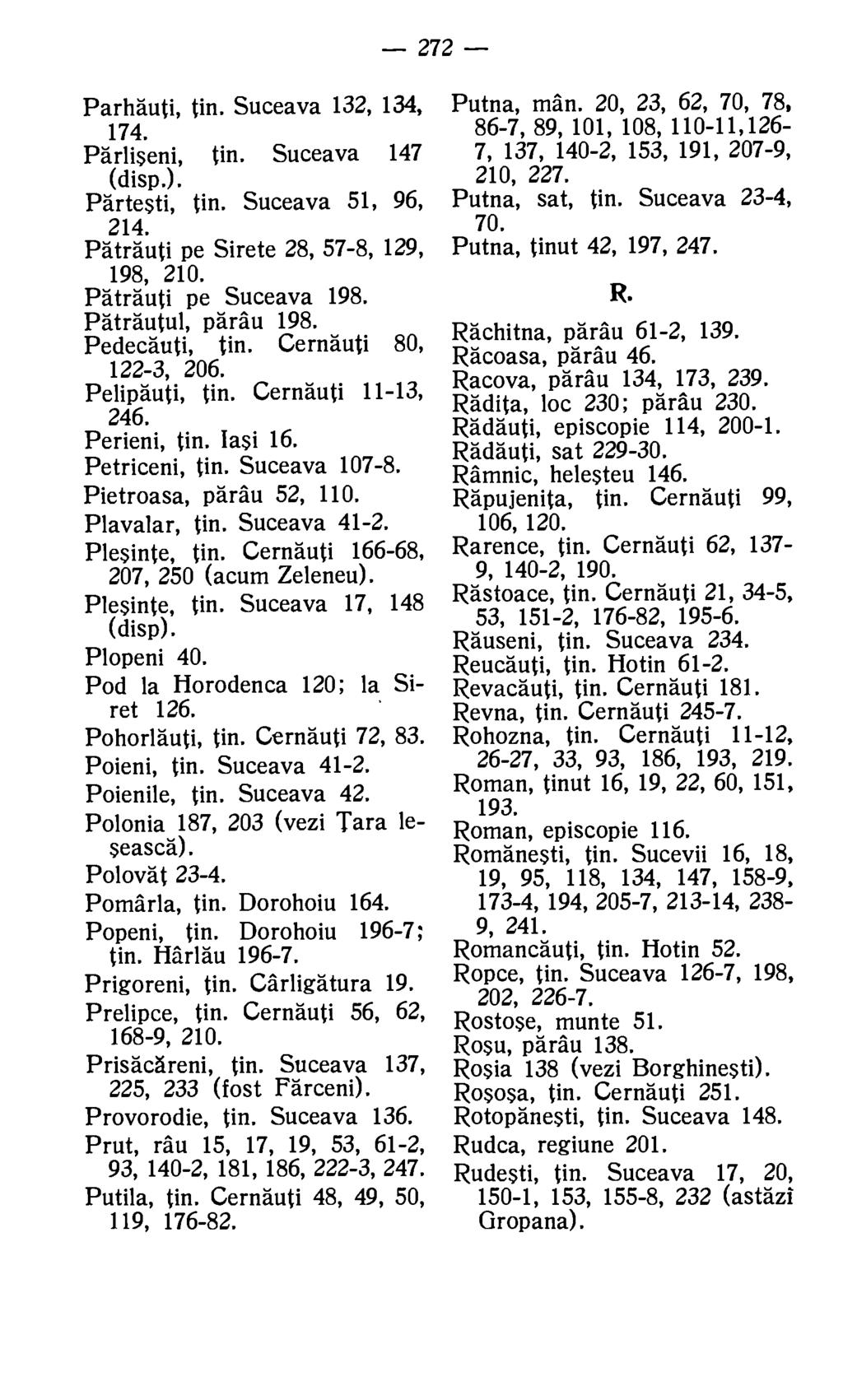 272 Parhauti, tin. Suceava 132, 134, Putna, man. 20, 23, 62, 70, 78, 174. 86-7, 89, 101, 108, 110-11,126- Parliseni, tin. Suceava 147 7, 137, 140-2, 153, 191, 207-9, (disp.). 210, 227. Partesti, tin.