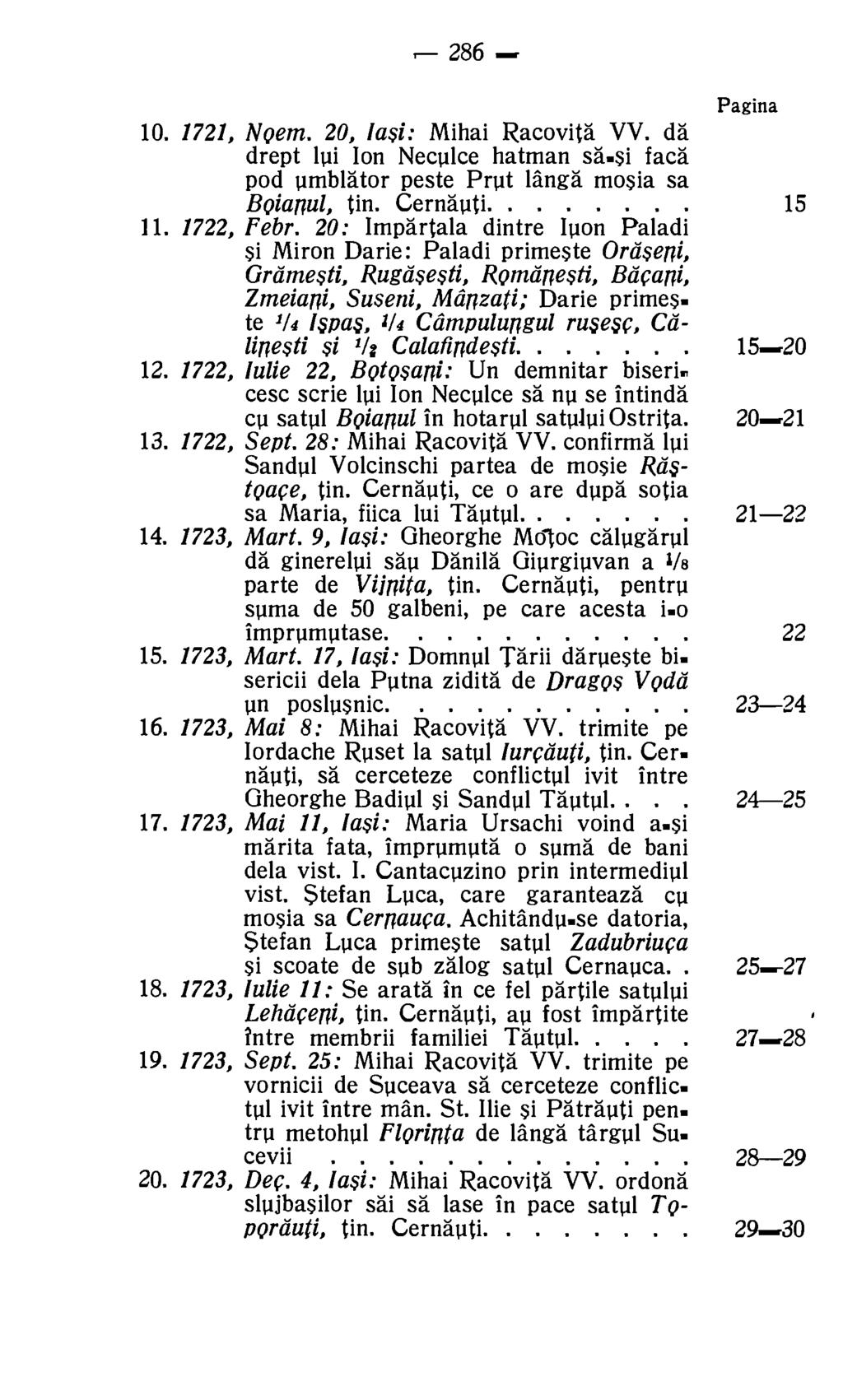 286 Pagina 10. 1721, Noem. 20, Iasi: Mihai Racovita VV. da drept lui Ion Neculce hatman sa-si faca pod umblator peste Prut land mosia sa Boianul, tin. Cernauti... 15 11. 1722, Febr.