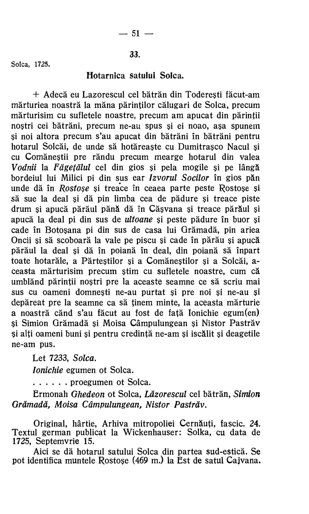 51 Solca, 1725. 33. Hotarnica satului Solca.