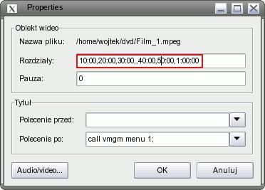W nowym oknie w polu Rozdziały wpisujemy czasy, w których mają być wstawione rozdziały. Wartości czasowe podajemy w godzinach, minutach i sekundach oddzielonych od siebie tylko przecinkiem.