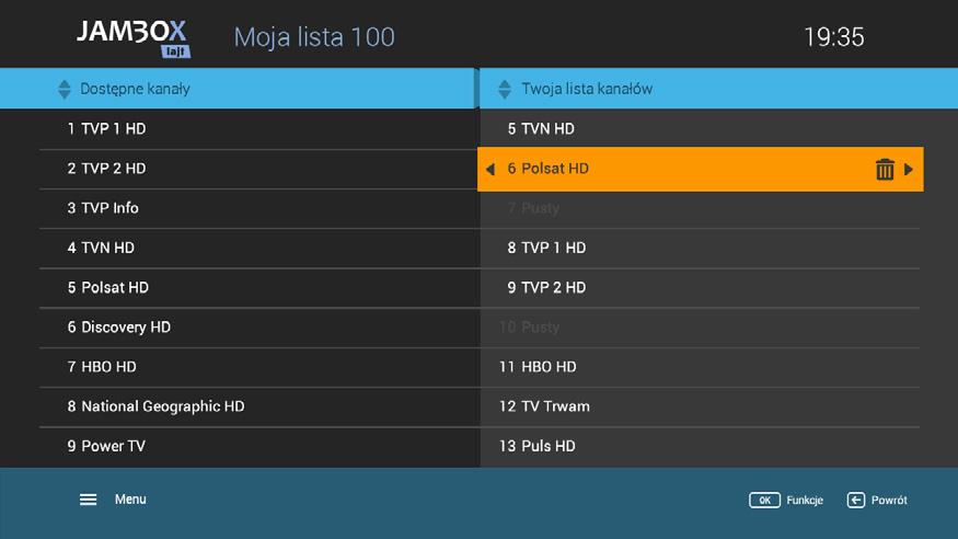 4. PRZEWODNIK EPG I JEGO FUNKCJE MOJA LISTA 100 OCHRONA RODZICIELSKA Funkcja umożliwia ustawienie 100 kanałów (numery od 1 do 100) z własną kolejnością i numeracją.