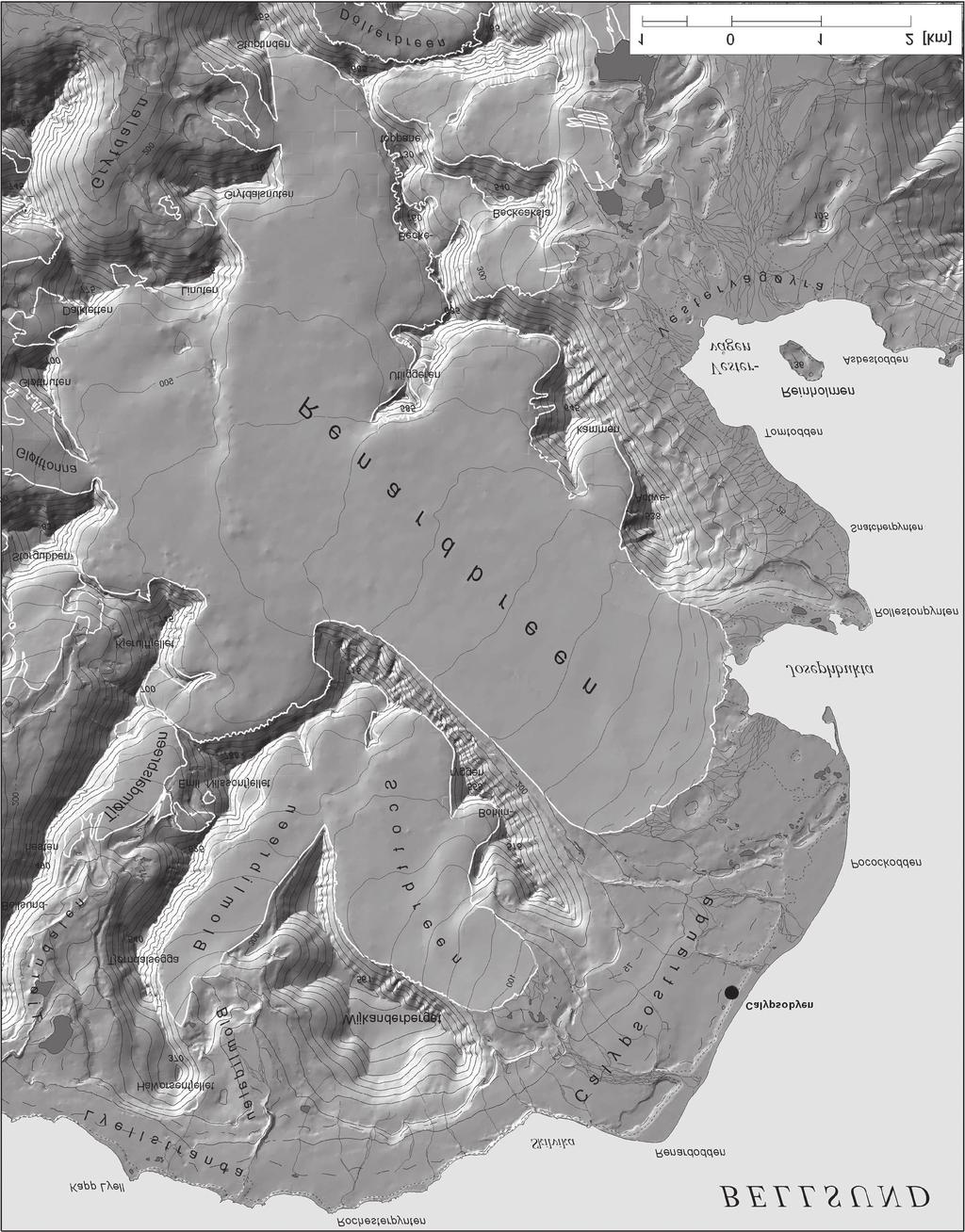 Fig. 7. The Renard Glacier and Calypsostranda Region. The shade map made using the Digital Terrain Model (DTM) obtained from the aerial photos from 1990 (Zagórski 2002) where 1.