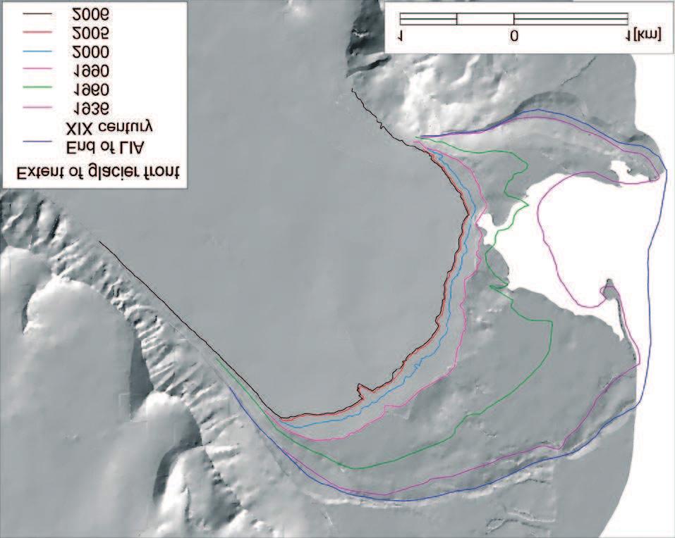 Fig. 9. The extent of the Renard Glacier fronts combined on the basis of archival data (Reder 1996, Szczęsny et al. 1989, Zagórski 2005) and GPS measurement Fig. 10.