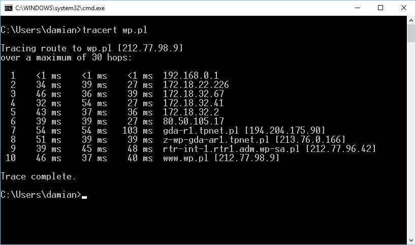 Testowanie warstwy sieciowej 2016 Poniżej widać test trasy do serwera na