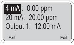 Ten ekran pokazuje aktualne nastawy wyjścia 1. Jeśli wyjście było skonfigurowane na 0-20 ma to w pierwszym wierszu zamiast 4mA będzie 0mA.