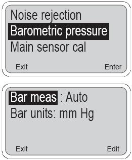 MODEL 54eA ROZDZIAŁ 5.0 KONFIGURACJA OPROGRAMOWANIA 5.12 CIŚNIENIE BAROMETRYCZNE 1. Pod-menu dotyczące ciśnienia barometrycznego pojawia się tylko przy stosowaniu czujnika tlenu (ppm lub ppb).