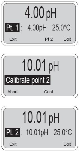 MODEL 54eA ROZDZIAŁ 12.0 KALIBRACJA ph 10. Jeśli zmieniono odczyt w korku 9 to pojawia się ekran jak z lewej. Nacisnąć Pt2 (F3) i przejść do kroku 11.