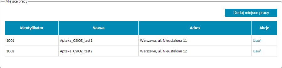 Wyboru konkretnej apteki dokonuje się przy pomocy przycisku Wybierz. Wybrane apteki pojawią się na wniosku w sekcji Miejsca pracy.