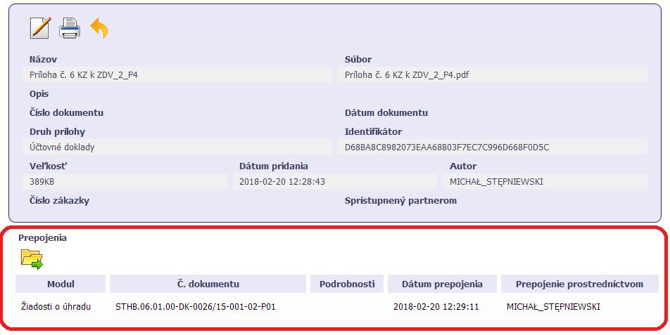 Po prechode na režim náhľadu daného súboru (kliknutím na riadok v zozname, ktorý je vhodný pre danú prílohu) systém zobrazí podrobnosti o súbore. Posledná sekcia je len informácia o odkaze súboru.