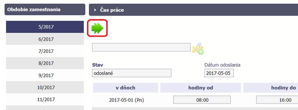 Formulár Čas práce viac nebude možné upravovať. Pole Stav získa hodnotu odoslané a Dátum odoslania vyplní systém automaticky. Jedinou dostupnou funkciou je Odoslať hromadne. 6.