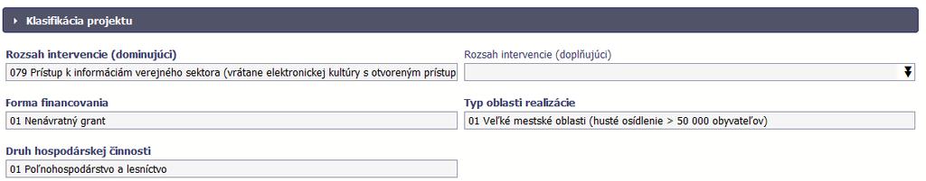 Posledným prvkom zmluvy sú bloky Klasifikácia projektu a Zoznam merateľných ukazovateľov projektu obsahujúca ukazovatele výstupu a