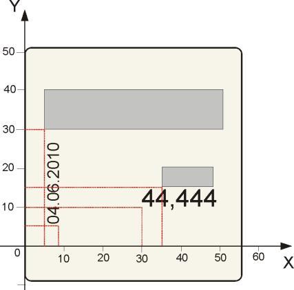 Rysunek obok przedstawia projekt etykiety zawierający cztery pola: Nazwa towaru (X=5, Y=30, Kąt=0, Szer.=50, Wys.
