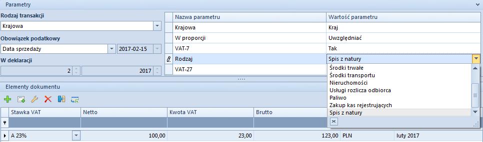 Rysunek 5 Parametry VAT Rodzaj na fakturze sprzedaży VAT Na deklaracji VAT-7 (17) w polu 36. Kwota podatku należnego od towarów i usług objętych spisem z natury, o którym mowa w art. 14 ust.