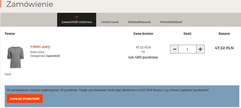 Rysunek 14 Informacja o możliwości zapłacenia punktami w Comarch e-sklep Podczas płatności punktami wartość zamówienia