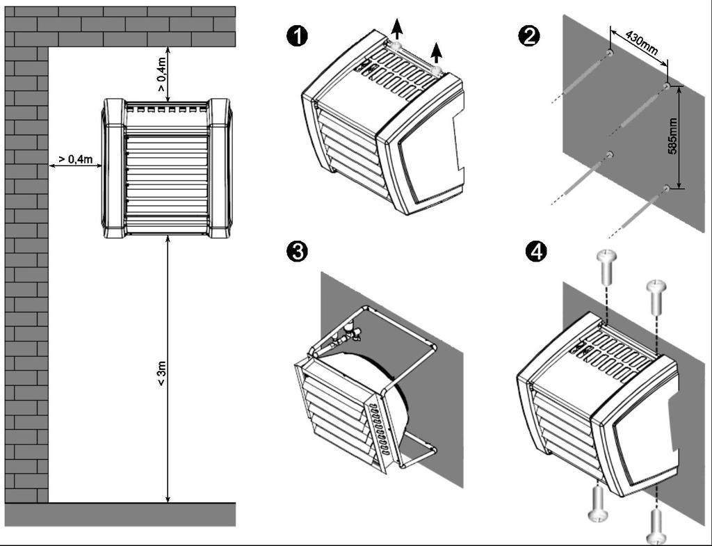 6. INSTALLATION 6. MONTAŻ Application of special framework caused that LEO FS heater does not require any additional holders for a wall montage. LEO FS heater is intended to mount on the walls.