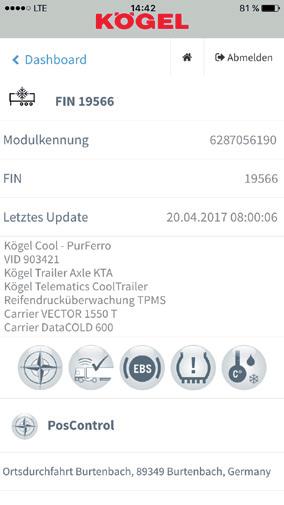 Aplikacja Kögel Telematics Mobilna kontrola floty non-stop Dzięki nowej aplikacji Kögel Telematics * możesz w czasie rzeczywistym** kontrolować wszystkie ważne dane o całej flocie