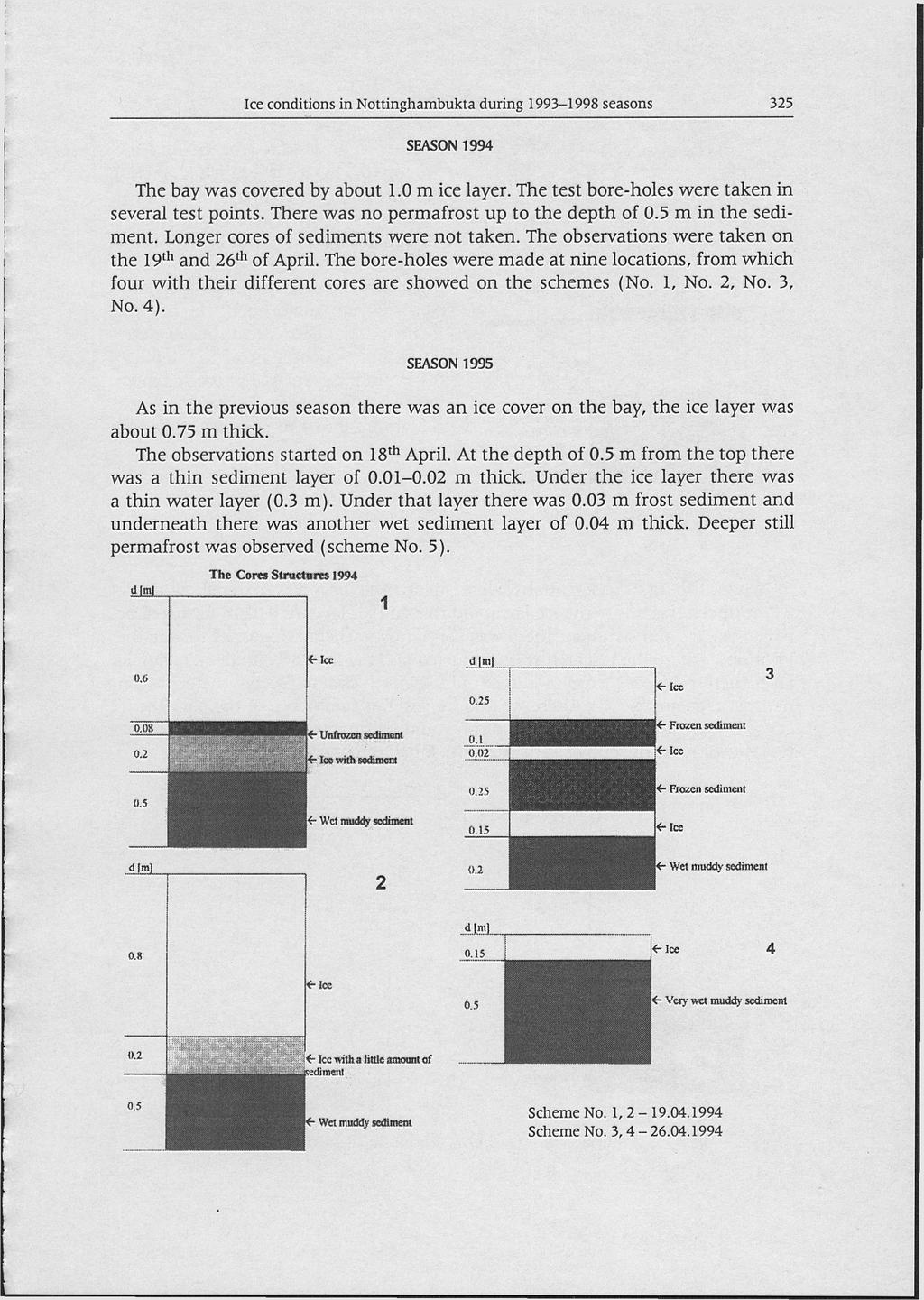 325 Ice c o n d i t i o n s i n N o t t i n g h a m b u k t a d u r i n g 1 9 9 3-1 9 9 8 s e a s o n s SEASON 1994 The bay was covered by about 1.0 m ice layer.