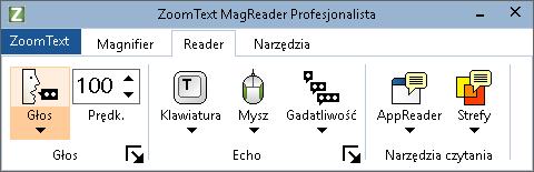 136 Zakładka Mowa paska narzędzi Zakładka Reader paska narzędzi udostępnia łatwo dostępne przyciski do włączania i regulacji funkcji mowy ZoomTexta.