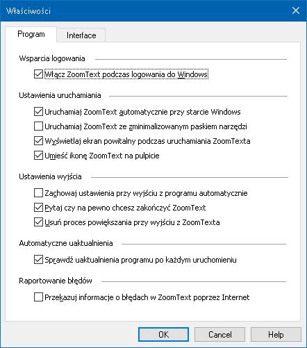 236 Właściwości programu Właściwości programu decydują o tym jak ZoomText się uruchamia i zamyka oraz pozwala włączyć automatyczną aktualizację. Zmiana ustawień właściwości programu 1.