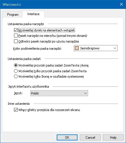 Rozdział 9 Ustawienia preferencji 239 Właściwości interface'u użytkownika Właściwości interface'u użytkownika decydują o tym jak wyświetlany będzie pasek narzędzi ZoomTexta.