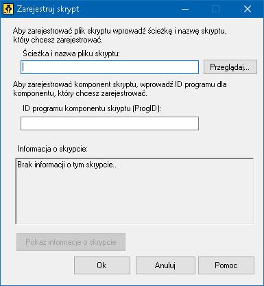 Rozdział 12 Skrypty 283 4. W polu ID komponentu programu skryptu wpisz identyfikator programu (znany jako ProgID) dla komponentu skryptu, który chcesz zarejestrować. 5. Kliknij OK.