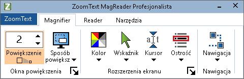 64 Zakładka Magnifier paska narzędzi Zakładka Magnifier paska narzędzi udostępnia łatwo dostępne przyciski do włączania i regulacji funkcji powiększania ZoomTexta.