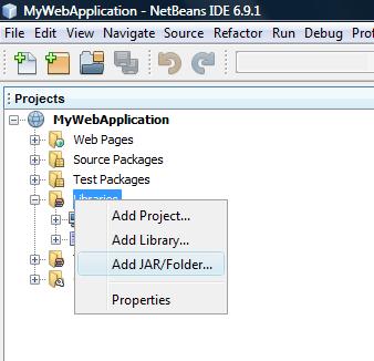 c) Kliknij prawym klawiszem na folder Libraries w lewym panelu NetBeans i wybierz opcję Add JAR/Folder: d) W okienku
