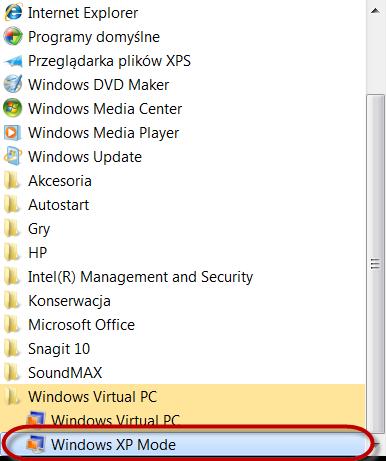 Uruchamiamy narzędzie Windows XP Mode.