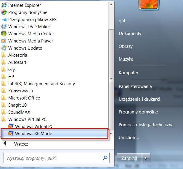 1. Instalacja Uruchamiamy Windows XP Mode.