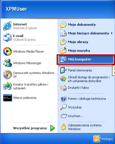 Kolejną czynnością jest uruchomienie trybu Windows XP Mode. Wybieramy Start -> Mój komputer.