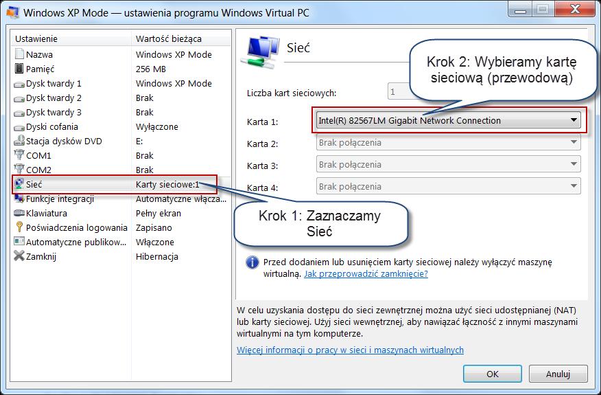 Okno zamykamy klawiszem OK. Po ponownym uruchomieniu trybu XP Mode, należy podłączyć wirtualny system Windows XP do sieci (opcjonalnie do domeny).