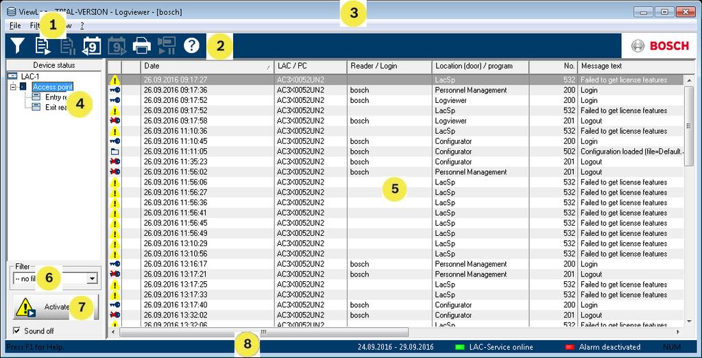 Access Professional Informacje ogólne pl 13 2.3 Układ okna dialogowego Log Viewer (Analiza dziennika) 1 = Pasek menu zawiera funkcje okna dialogowego dostępne w poszczególnych menu.