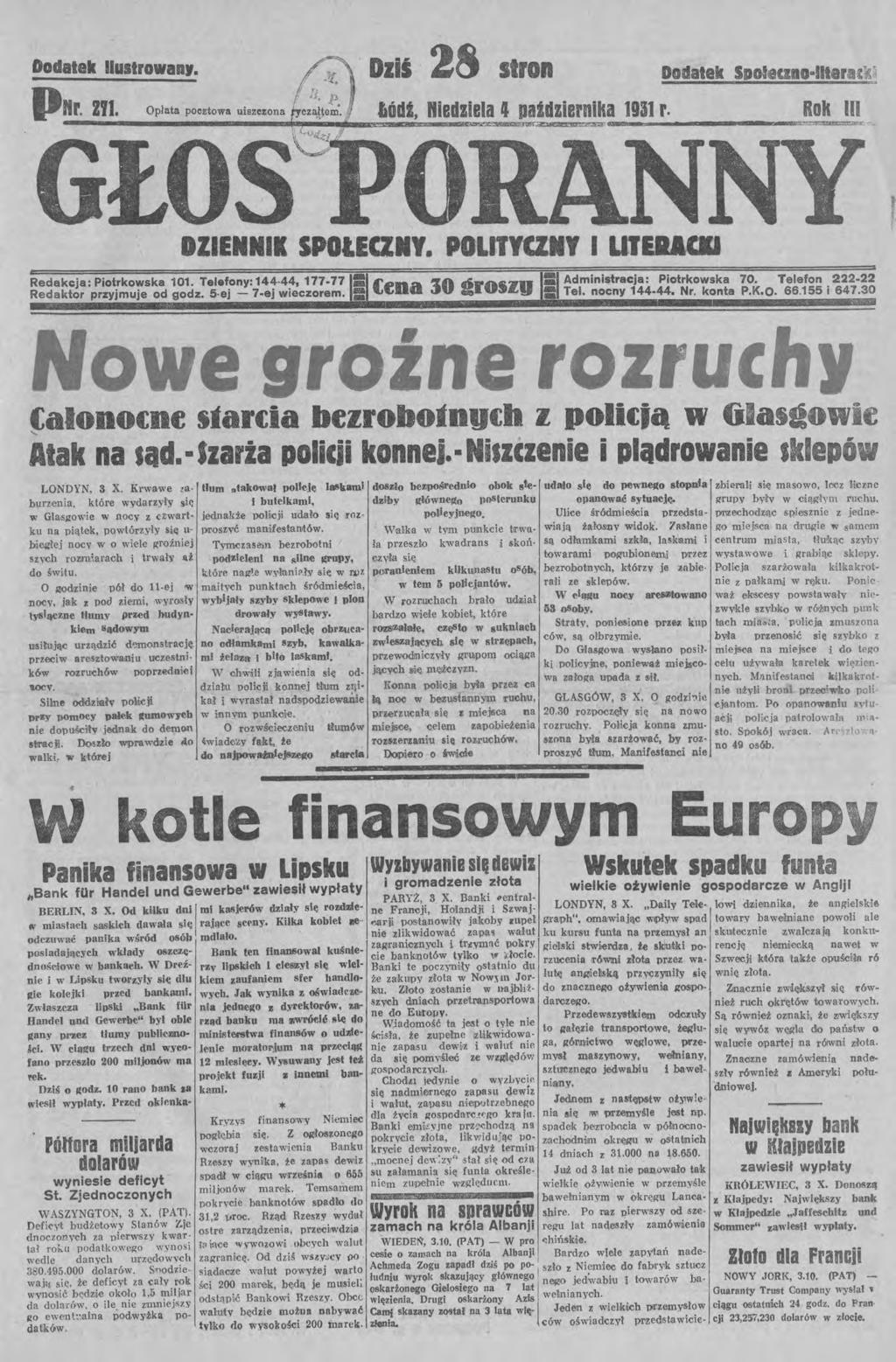 Dodalek lulirolla,. Dziś 28 slron Dodalek Sgołeuno-Uar c ~~ p6r. 271. 'ódź, niedziela 4 października 19S1 r. Rok ;:, '@M., DZEN'N SPOlEa POL lut Cl Redakcja: Piotrkowska 101.