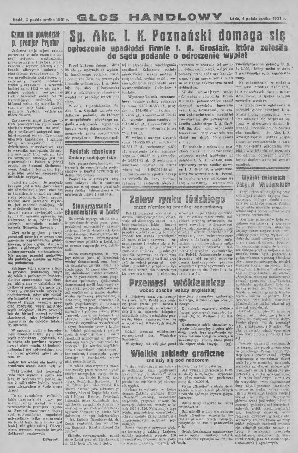 Ł6dź, 4 października 1931 r. G os H DLO Łódź, 4 października. 1931 r. kc. K. Poznański duma Czego nie a powiedział P. premier PrUSlor o sądu Dodanie o o roczenie w, lal.