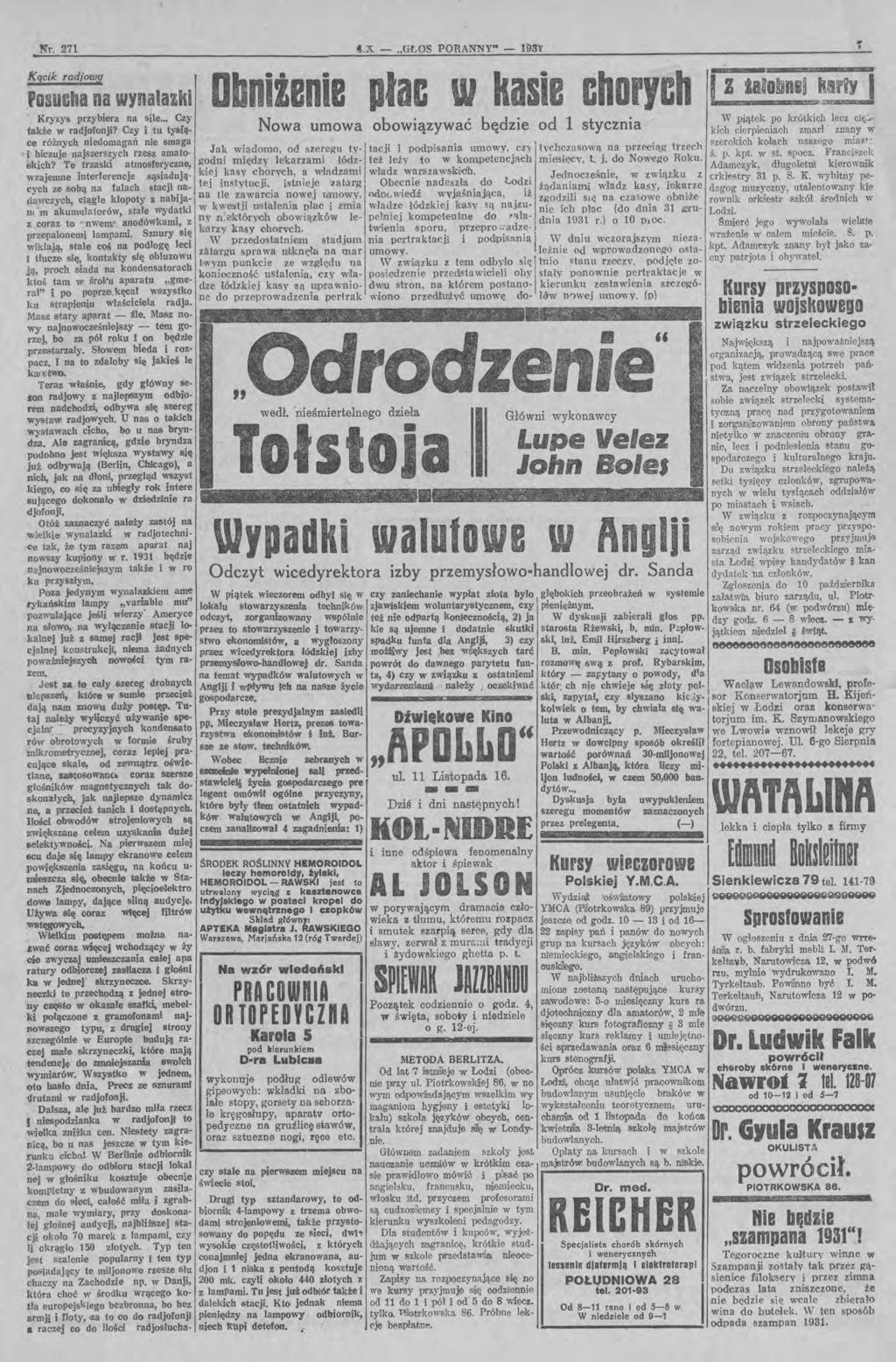 Nr. _27_1 ~4~.X~~,~.G~L~O~S~P~O~R~A~NN~~yn~~1~93~y~ ~1_ Kącik radjowy Posucha na wynalazki Kryzys przybiera na sile... Czy także w radjofonji?