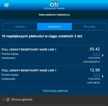 Opcja Status płatności umożliwia w łatwy sposób znalezienie zarówno 10 ostatnio wykonanych płatności, w tym 10 ostatnich płatności o największej kwocie, jak również odnalezienie płatności z ostatnich