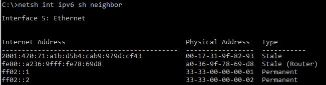 informacje dotyczące powiązań adresów MAC z adresami IPv6. W systemie Windows dane te można zweryfikować wydając komendę netsh int ipv6 sh neighbor (rys. 13). Rysunek 13.