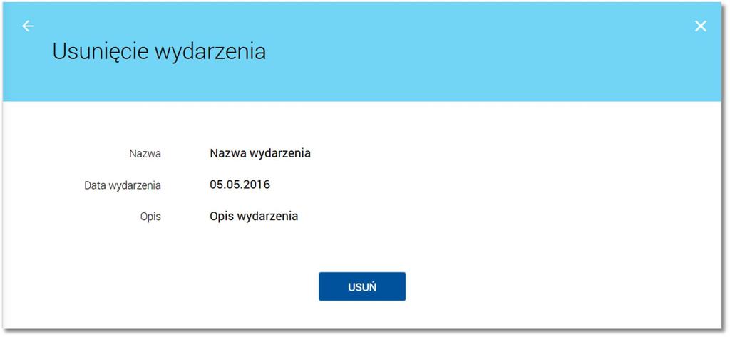 Page15 Po zapisaniu zmian system prezentuje potwierdzenie edycji wydarzenia wraz z przyciskami do rejestracji nowego wydarzenia własnego - [Utwórz nowe wydarzenie] oraz do powrotu do pulpitu - [WRÓĆ