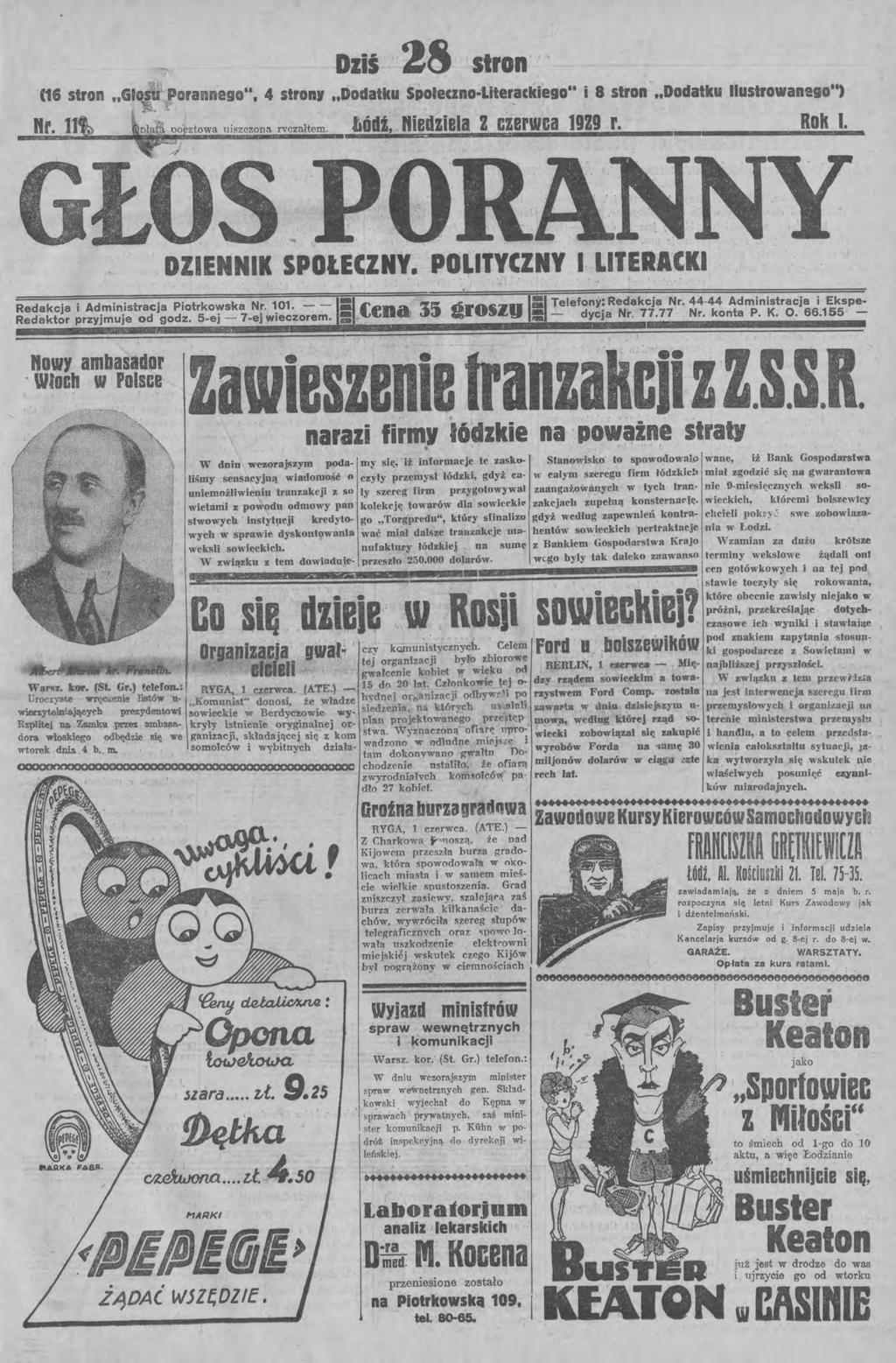 r " Dziś. 28. stron. (16 stron "GłO~ Porannego". 4 stron,.. Dodatku SDołeczno"Liter~Ckiego i 8 stron '.. Dodatku lustrowanego ') nr. uiszczona rvczałtem. i. niedziela z llz r. Rok. DZENNK SPOlECZNY.