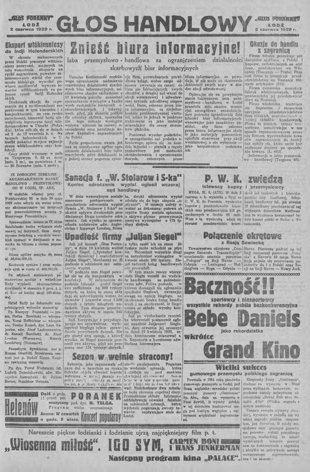 .GB PlAY" &.odi 2 czerwca 1929 r. L, ŁODŹ 2 czerwca 1929 r. Bksport Włókienniczy do ndji Holenderskich w nkresie realttowanych przez Jód;:ki przemysł włókien-.nłezy poezynań.