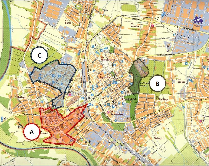 Mapa 2. Graficzne przedstawienie obszarów rewitalizacji.