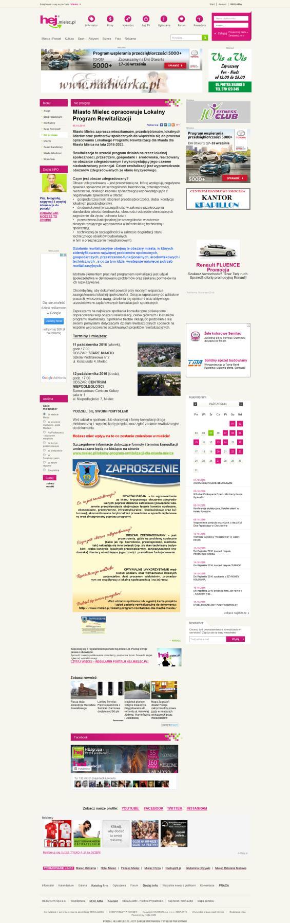 Artykuł nt. rewitalizacji i planowanych konsultacji na portalu hej.mielec w części: Blok NIE PRZEGAP!