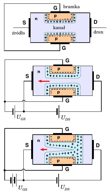 Tranzystor JFET Tranzystor polowy złączowy zbudowany jest z półprzewodnika (w tym przykładzie typu n), w który wdyfundowano dwa obszary bramki (typu p).