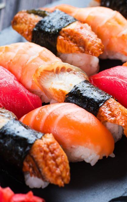 NIGIRI Ryż formowany w owalny kształt z wybranym gatunkiem dodatków - 2 szt. 1. Salmon salmon grill...12 zł z łososiem lub opalanym łososiem salmon 2. Tuna...14 zł z tuńczykiem 3. Butterfish.