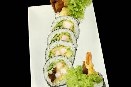 Tempura - chrupiące maki w panierce - 6 szt. Z krewetką - 6-8 szt. 11. Futo Tempura Roll... 29 zł chrupiąca rolka z pieczonym łososiem, kampyo, ogórek, oshinko, sos mayo, sos teriyaki, sezam 12.