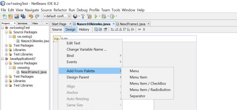 mouseevent evt) { jlabel2.settext("(" + evt.getx() + "," + evt.gety() + ")"); Ostatni element to pole edycyje TextArea i menu jak w treści zadania.